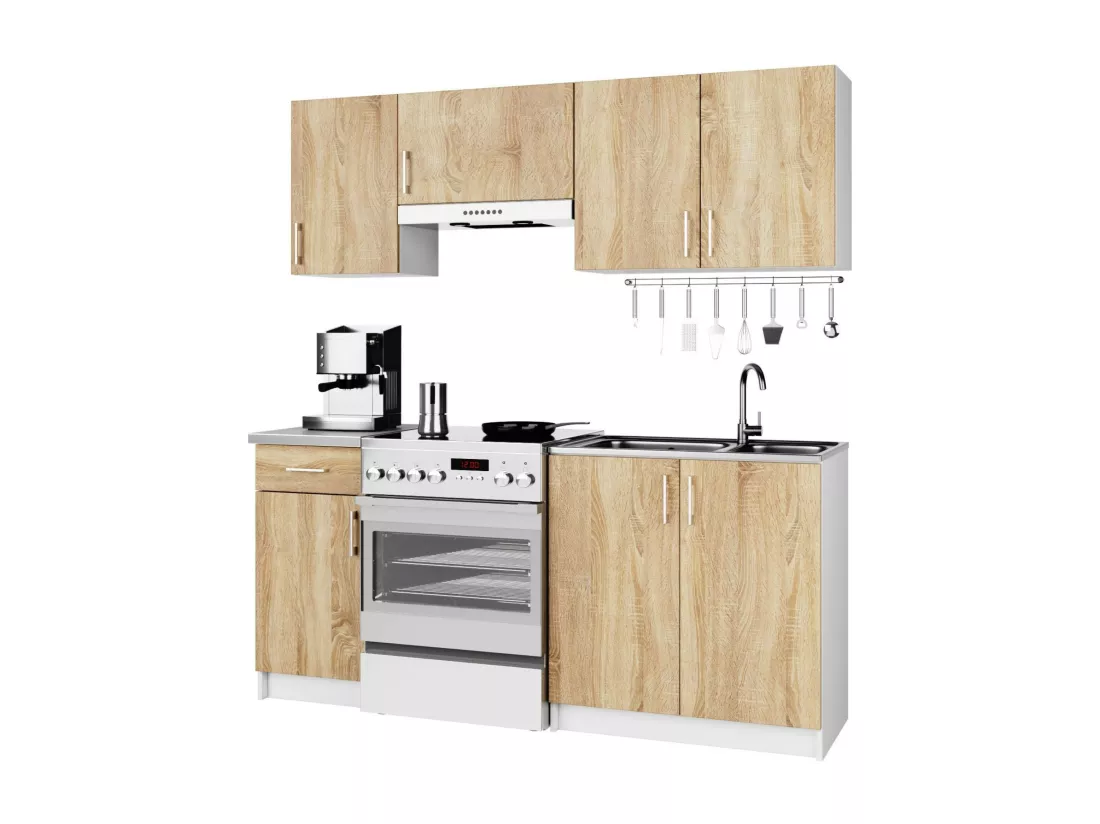 Ensemble De Cuisine AKORD LIMA 1.8m Blanc 180 cm 7 portes 1 tiroir façade Chêne Sonoma 8 étagères 180x44,5x203 cm
