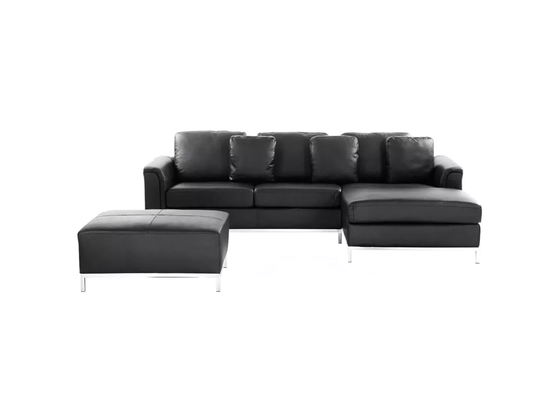 Canapé Angle à droite en Cuir Véritable Noir et Pouf Ottoman Housses Amovibles Oslo