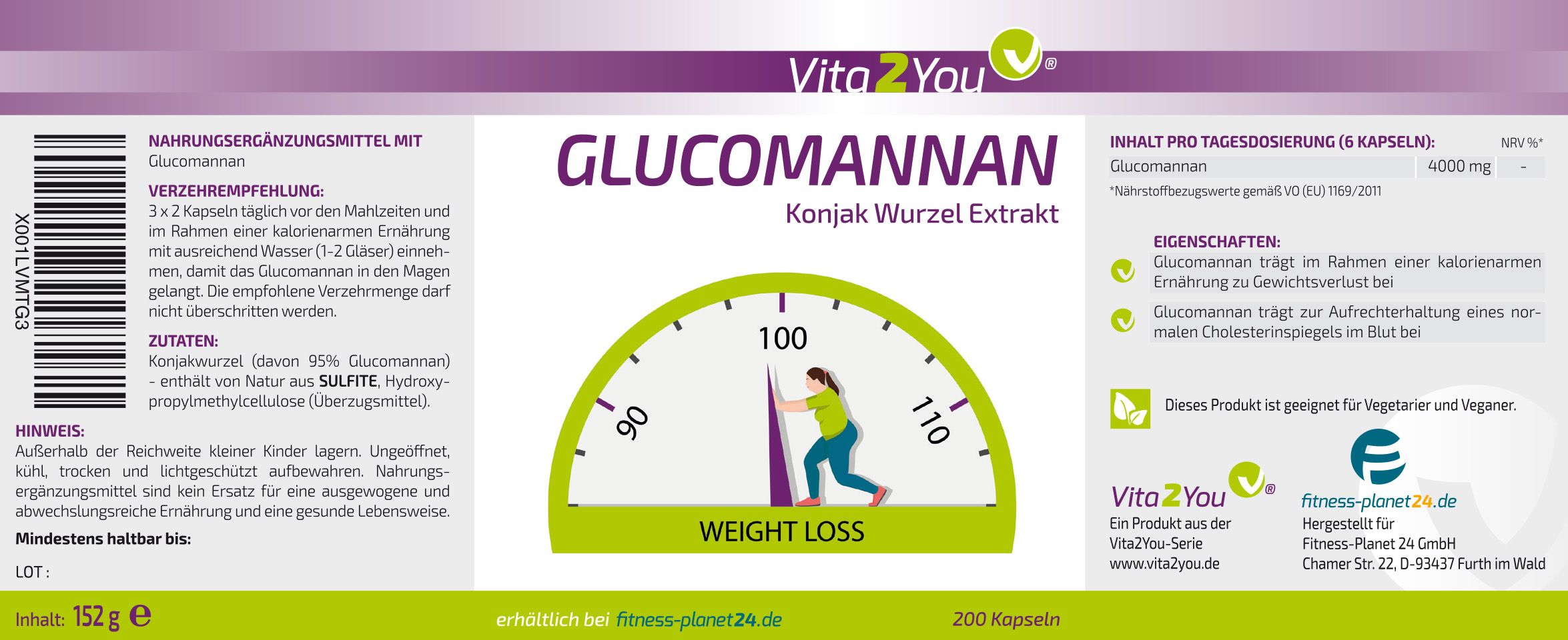 Vita2You Glucomannan Kapseln 4000mg hochdosiert