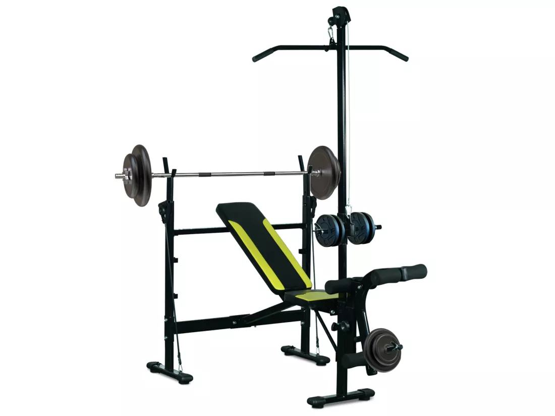 Banc de musculation Fitness entrainement complet dossier réglable cordes traction curler supports barre et haltères noir et jaune