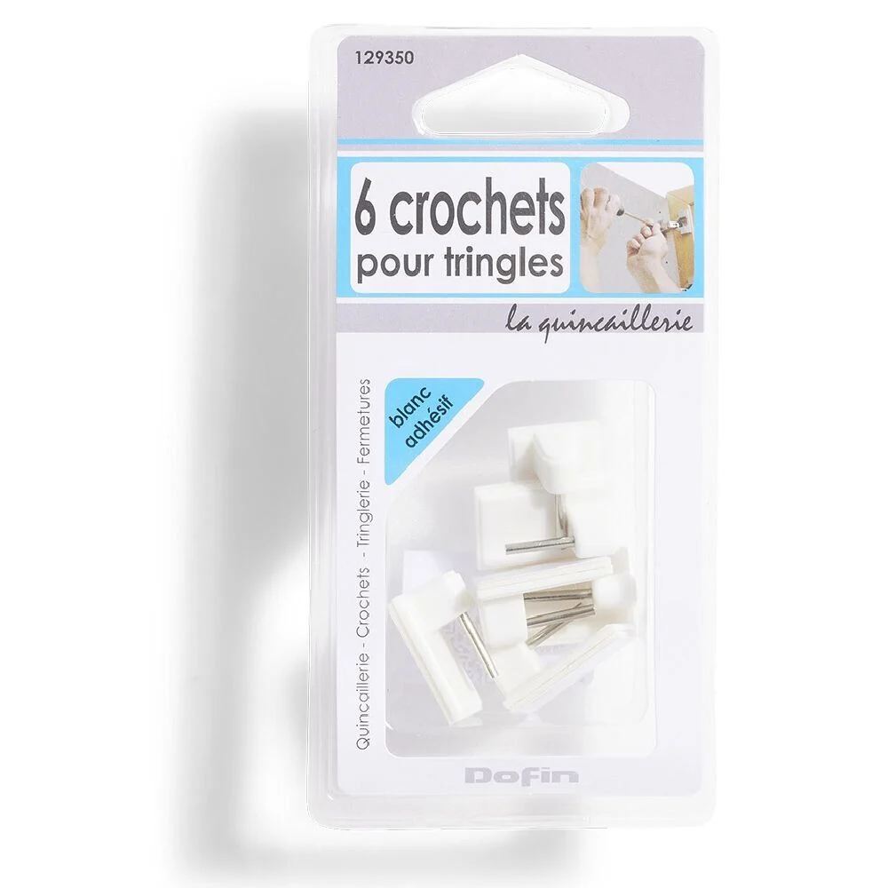 6 crochets adhésifs pour tringle en plastique blanc - 17x24 mm