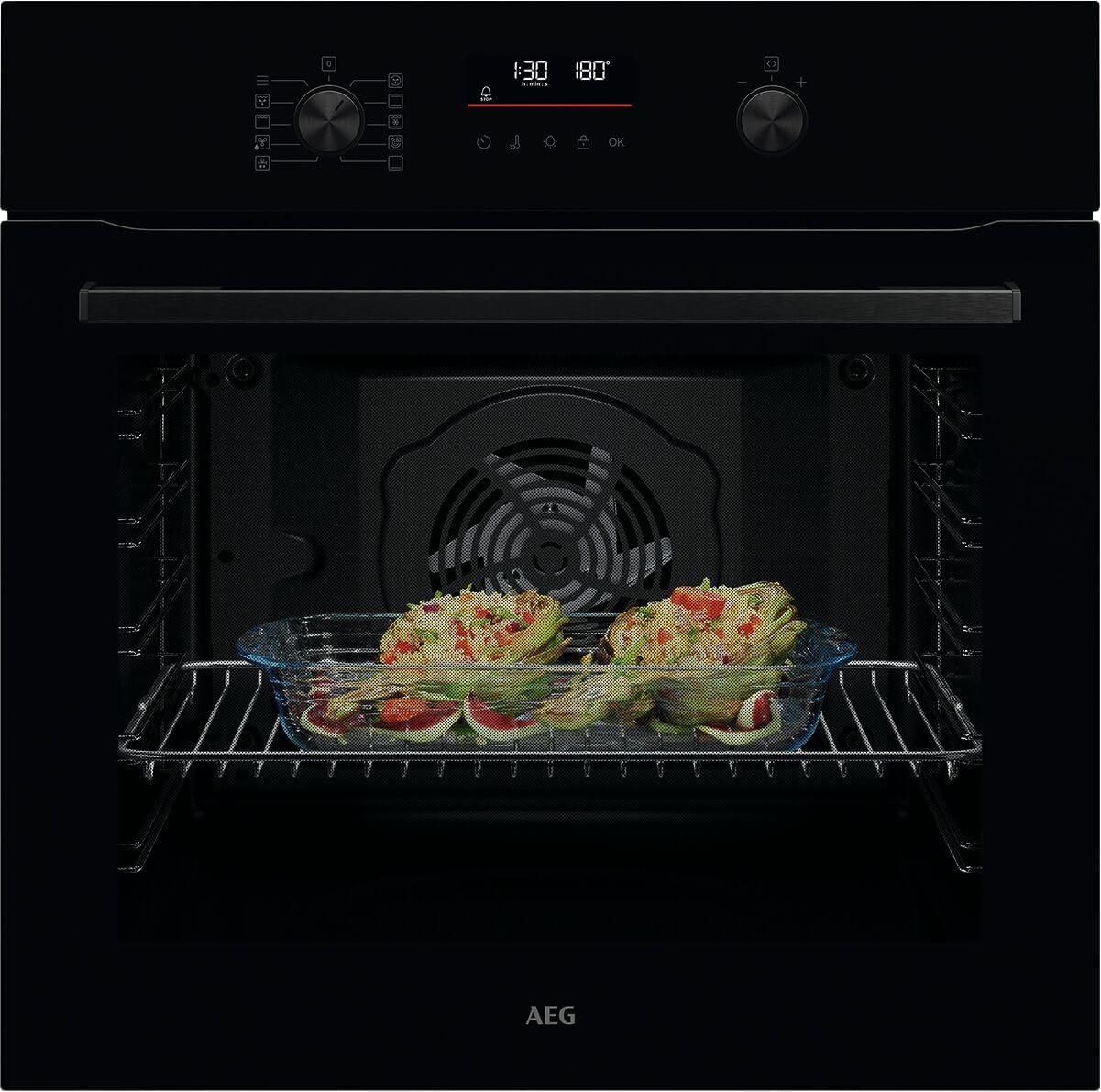 AEG Einbaubackofen, Serie 5 Ringheißluft: Gleichmäßige Garergebnisse auf 3 Ebenen, Pyrolyse Selbstreinigung, 45 Automatikprogramme, LED-Touchdisplay, Schnellaufheizung, Schwarz, TU5PB40WSK