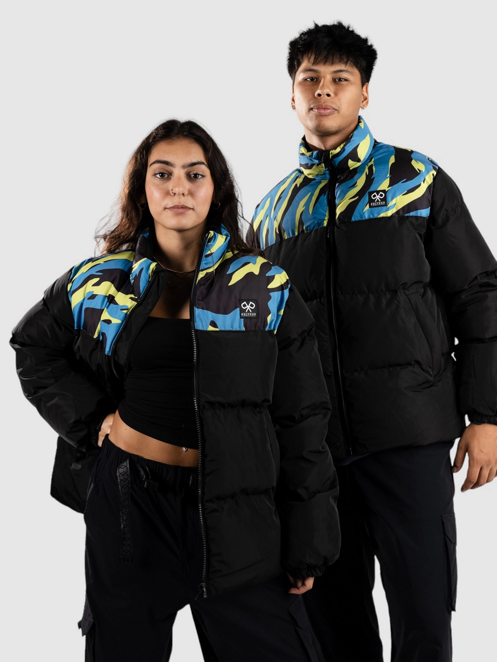 Polypop Black Tigra Pattern Chest Puffer Jacket black