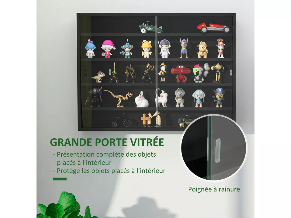 Vitrine murale étagère - 5 étagères réglables - 2 portes coulissantes verre - panneaux noir
