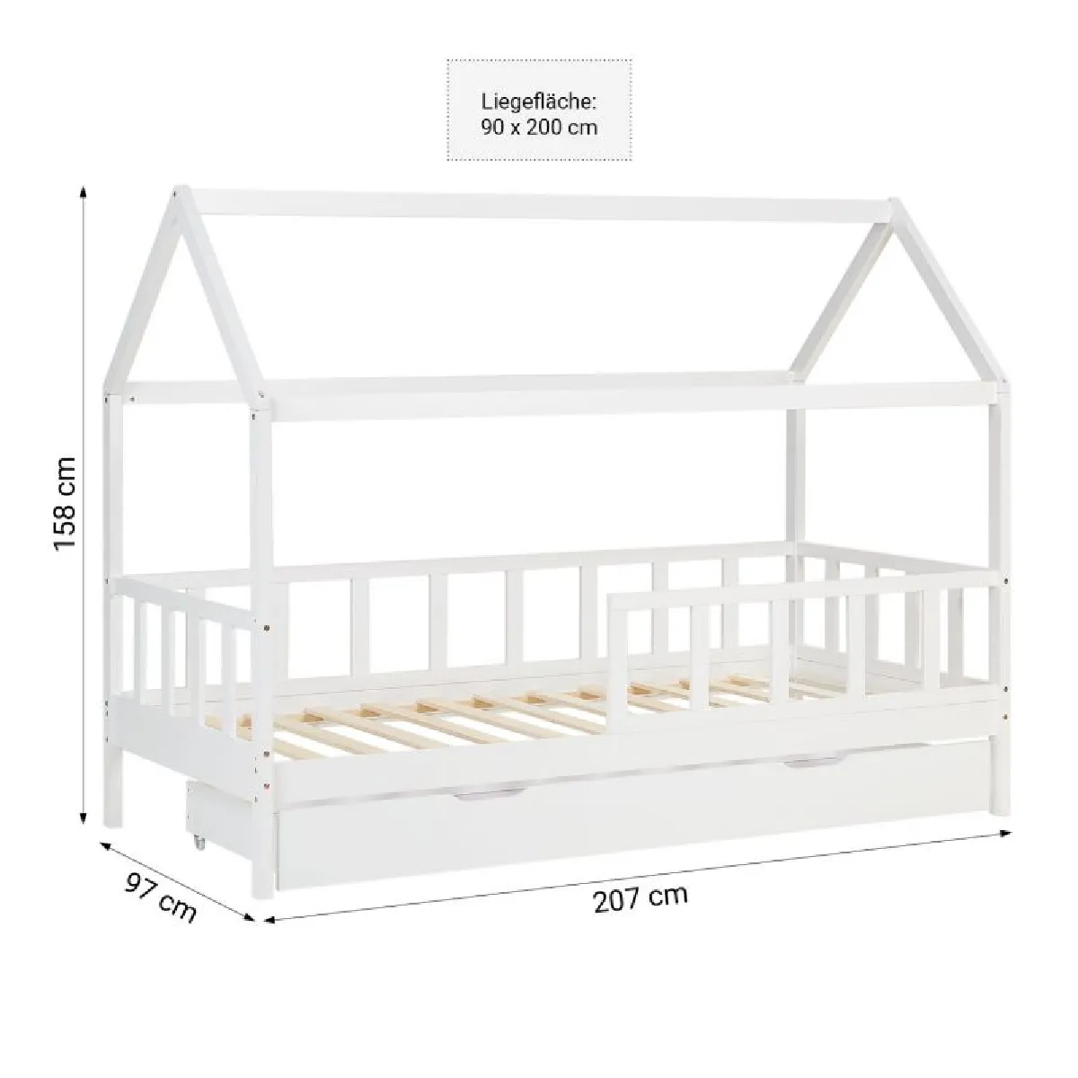 Homestyle4U Lit cabane 90x200 cm avec tiroir et barrières