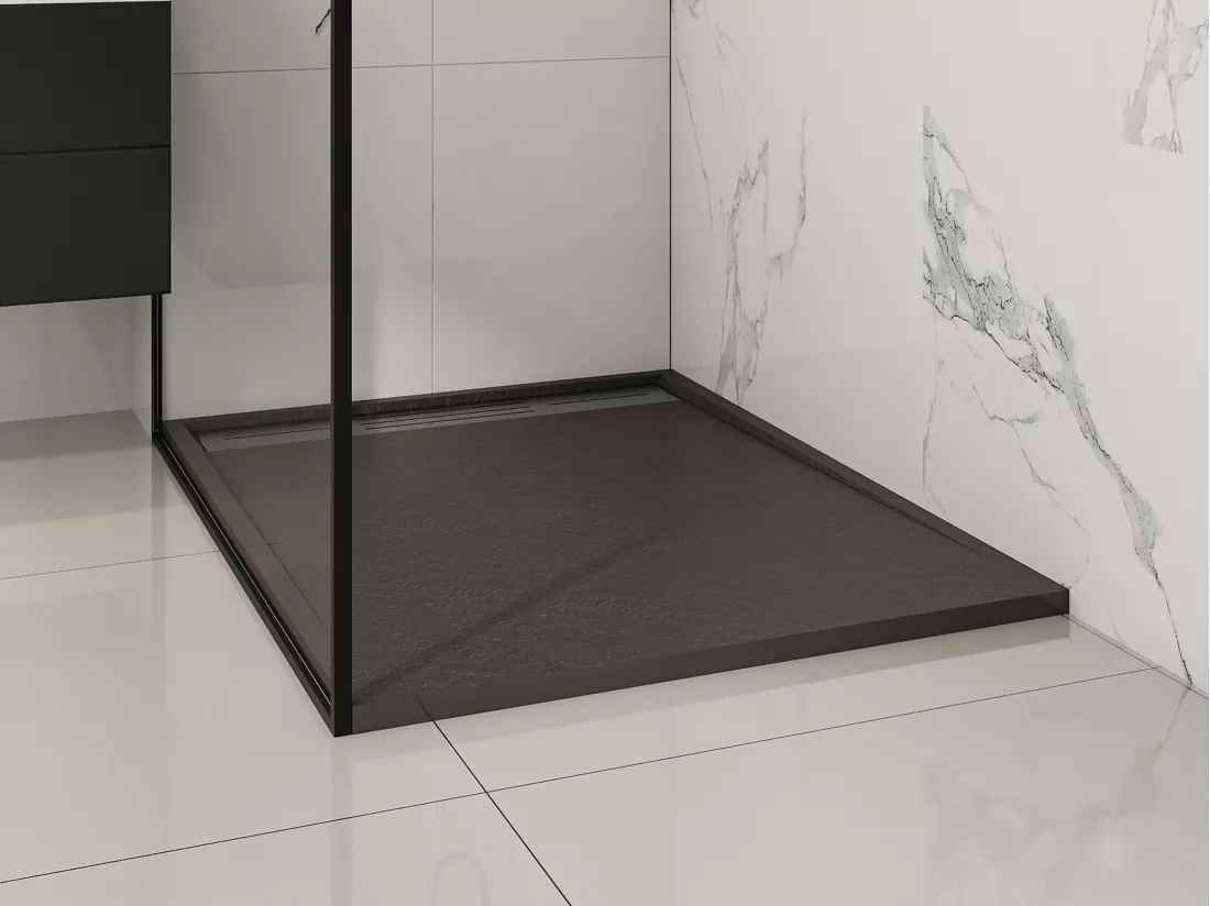Receveur extra-plat à poser ou à encastrer découpable en résine SMC avec siphon - Noir - 120 x 90 cm - LYROSA