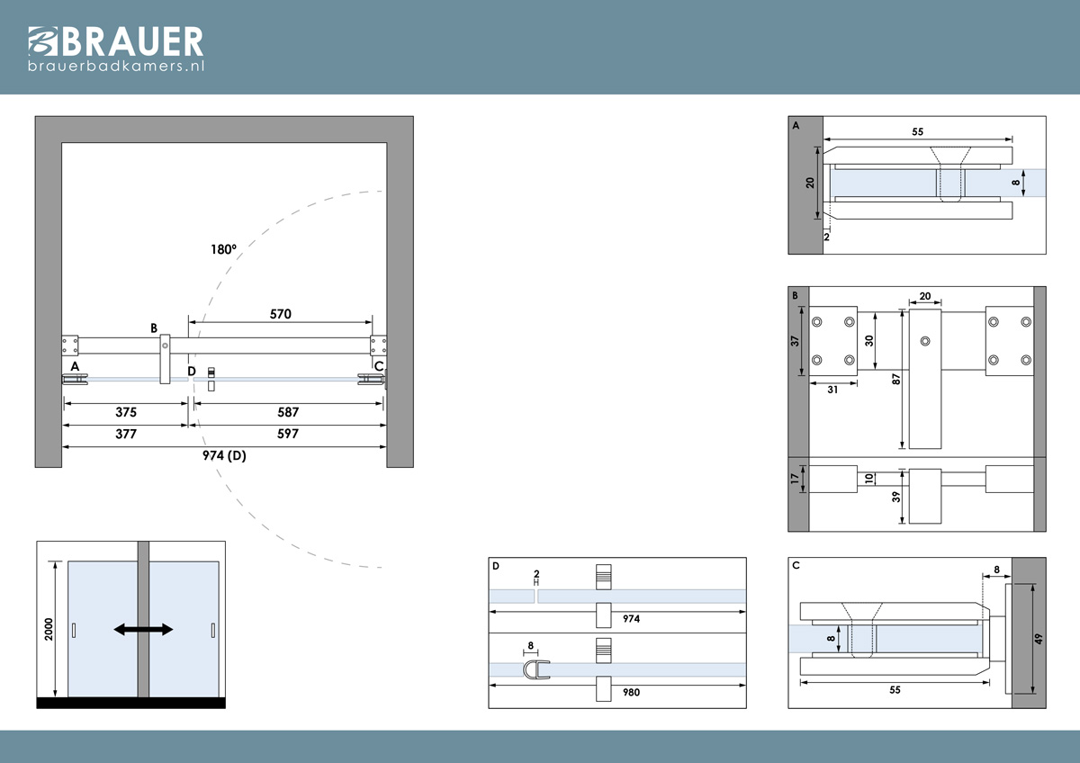 Brauer Void profielloze nisdeur 100cm met draaideur 60cm aan muur chroom