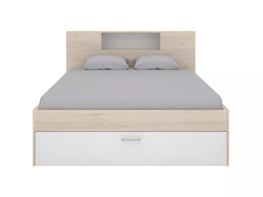 Lit avec tête de lit rangements et tiroirs - 140 x 190 cm - Coloris : Naturel et blanc - LEANDRE