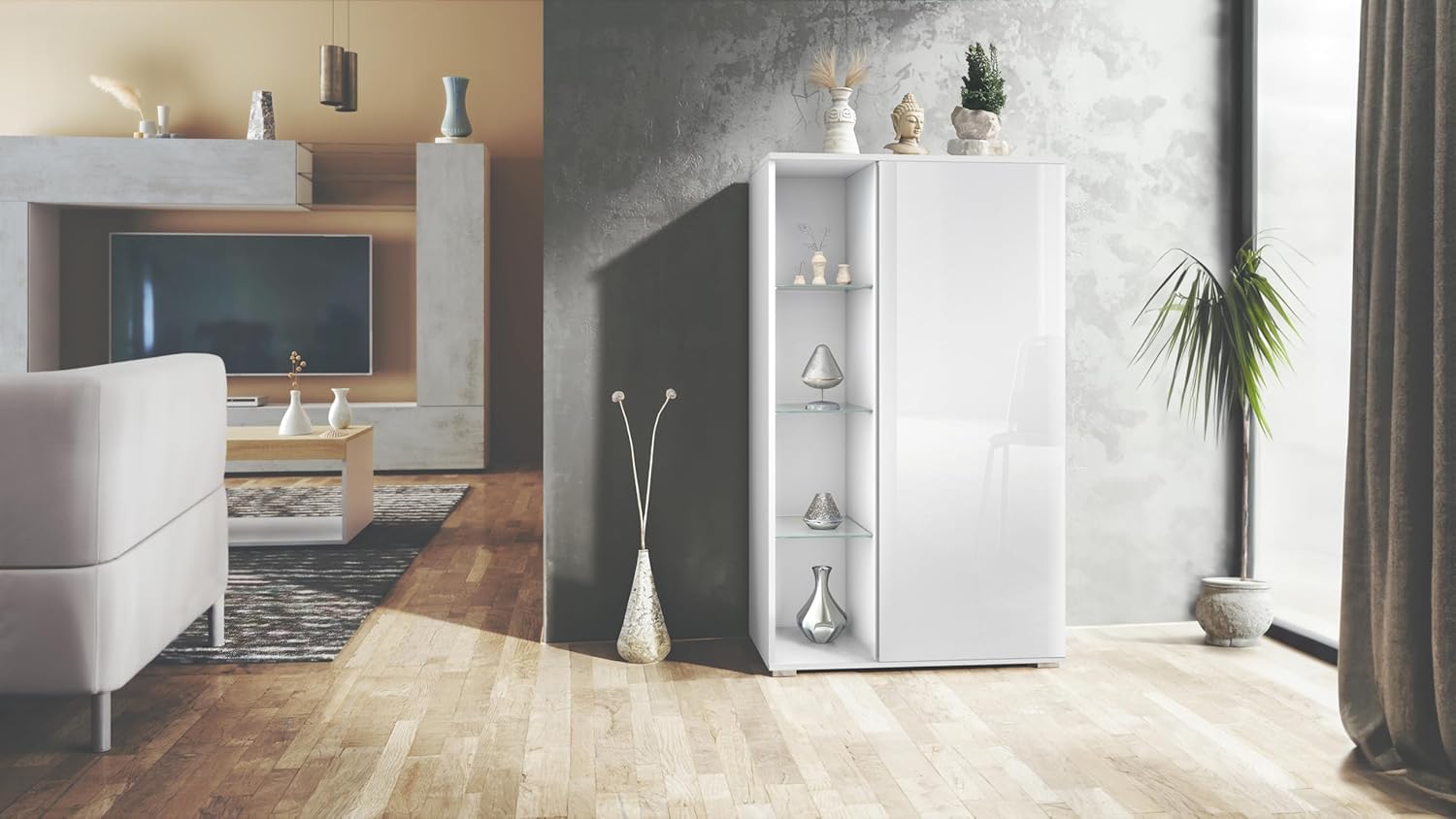 Vladon Vitrine Davos, Made in Germany, Standvitrine mit 3 Glasböden und 8 Fächer, Weiß matt/Weiß Hochglanz (71,5 x 134 x 35 cm)