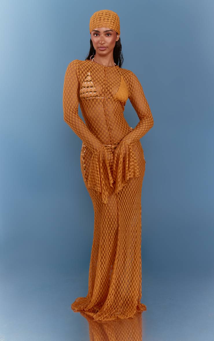 Moutarde Robe De Plage Maxi Transparente Texturée À Manches Évasées