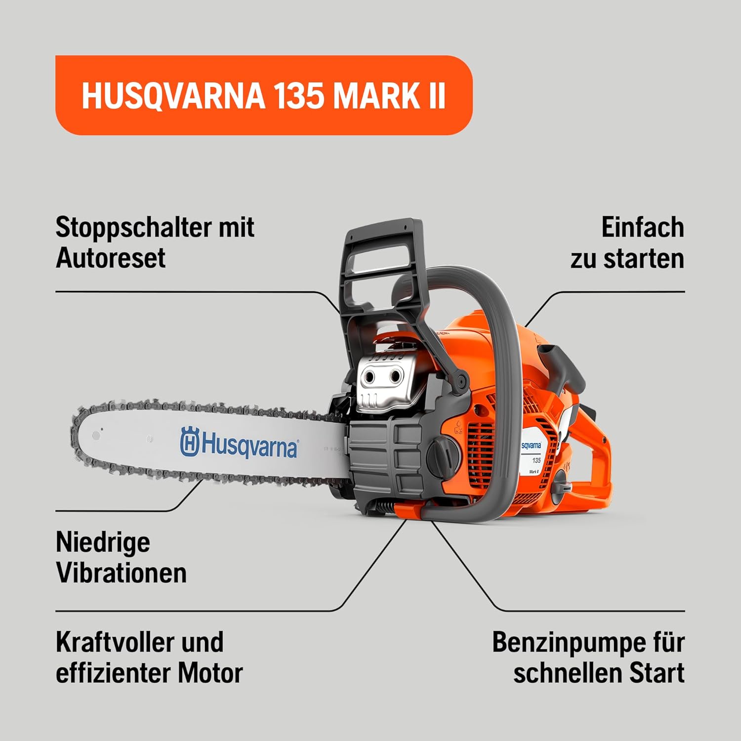 Husqvarna 135 Mark II Benzin-Kettensäge - 38 cc X-Torq® Motor, 14″-Schwert, LowVib®, Smart Start®, Air Injection™, ideal für Brennholz, Baumschnitt und Gartenpflege