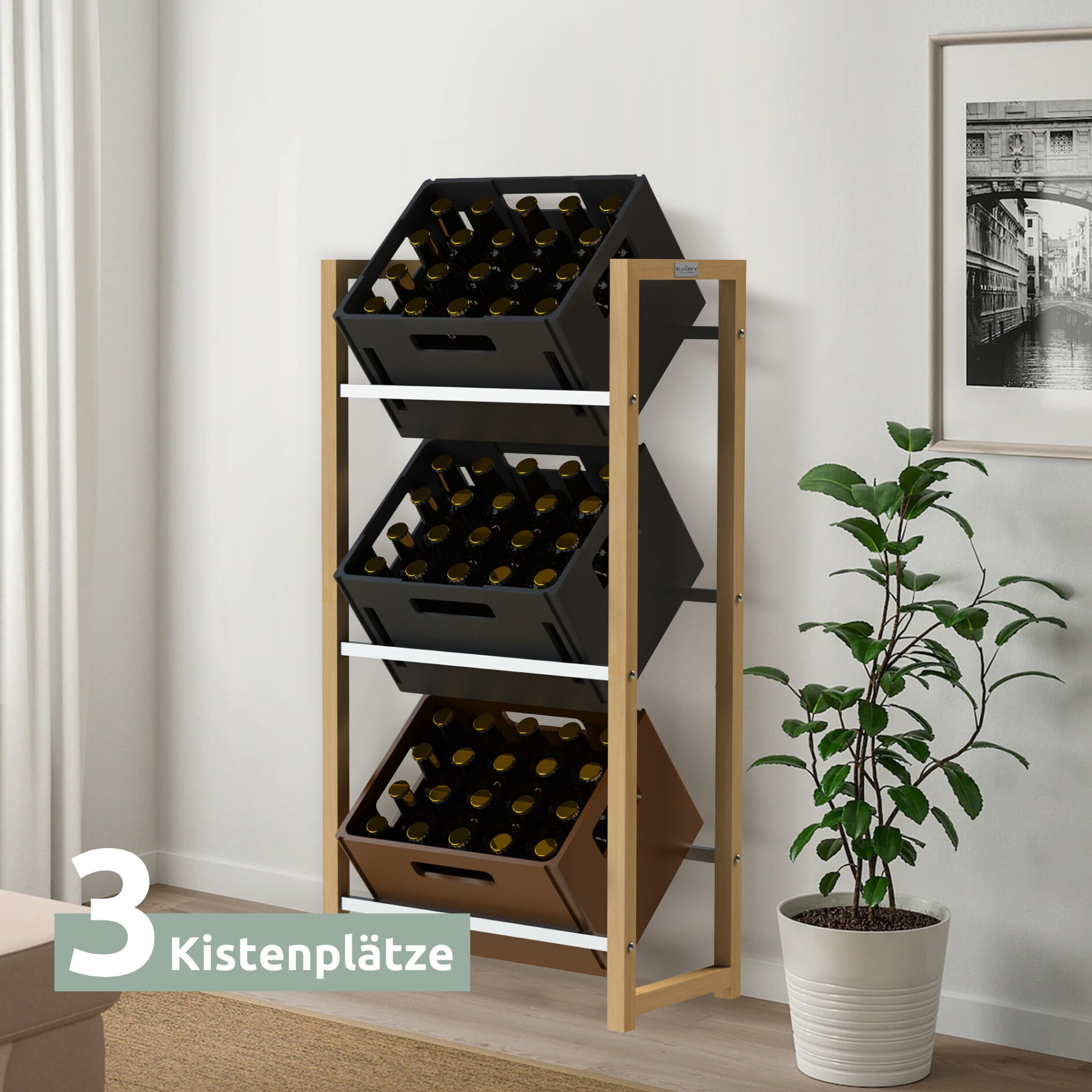 holz4home® Getränkekistenregal aus Bambus inkl. pulverbeschichteter Ablage I Schwarz | 6 Kisten