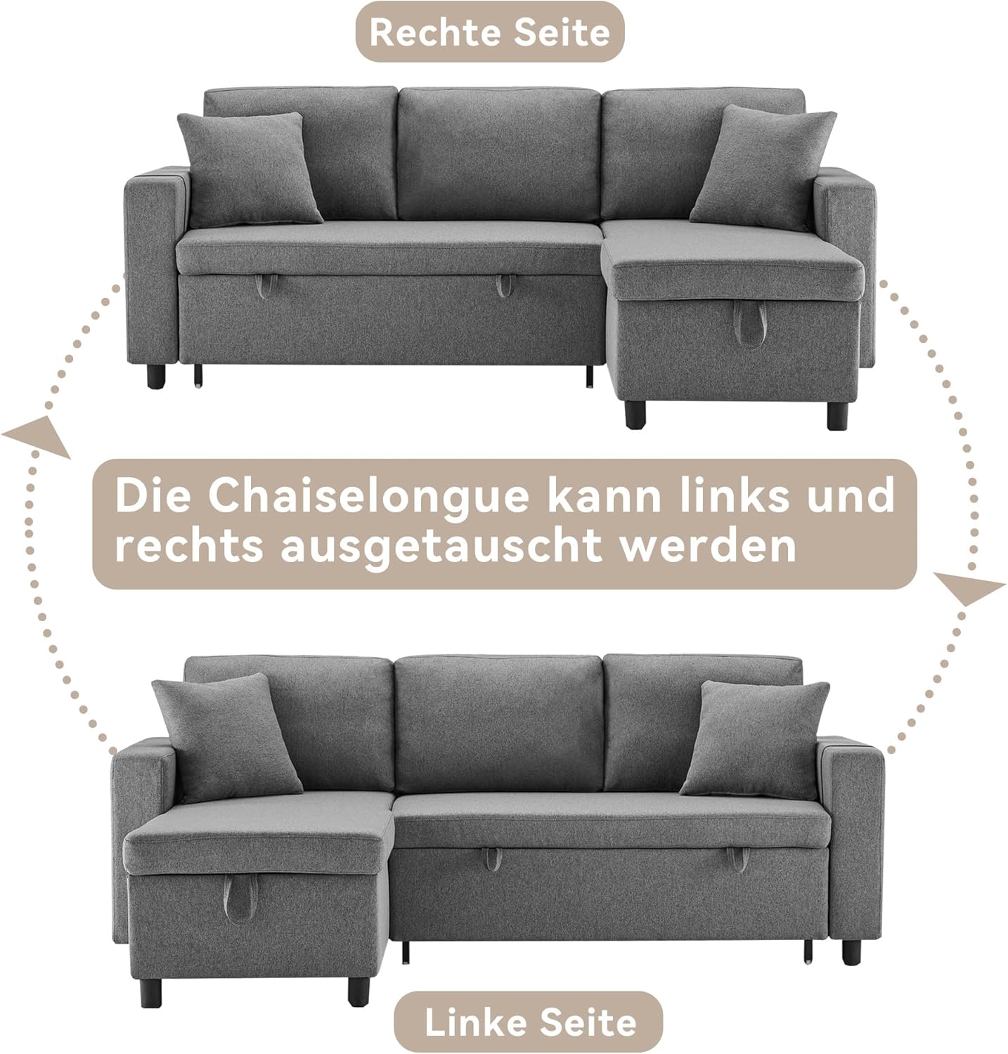 Merax Ecksofa mit Schlaffunktion, Praktisches Schlafsofa mit Bettkasten, L-Form Schlafcouch mit Stauraum und Seitentaschen, Moderne 3-Sitzer-Couch für Wohnzimmer und Schlafzimmer, Dunkelgrau