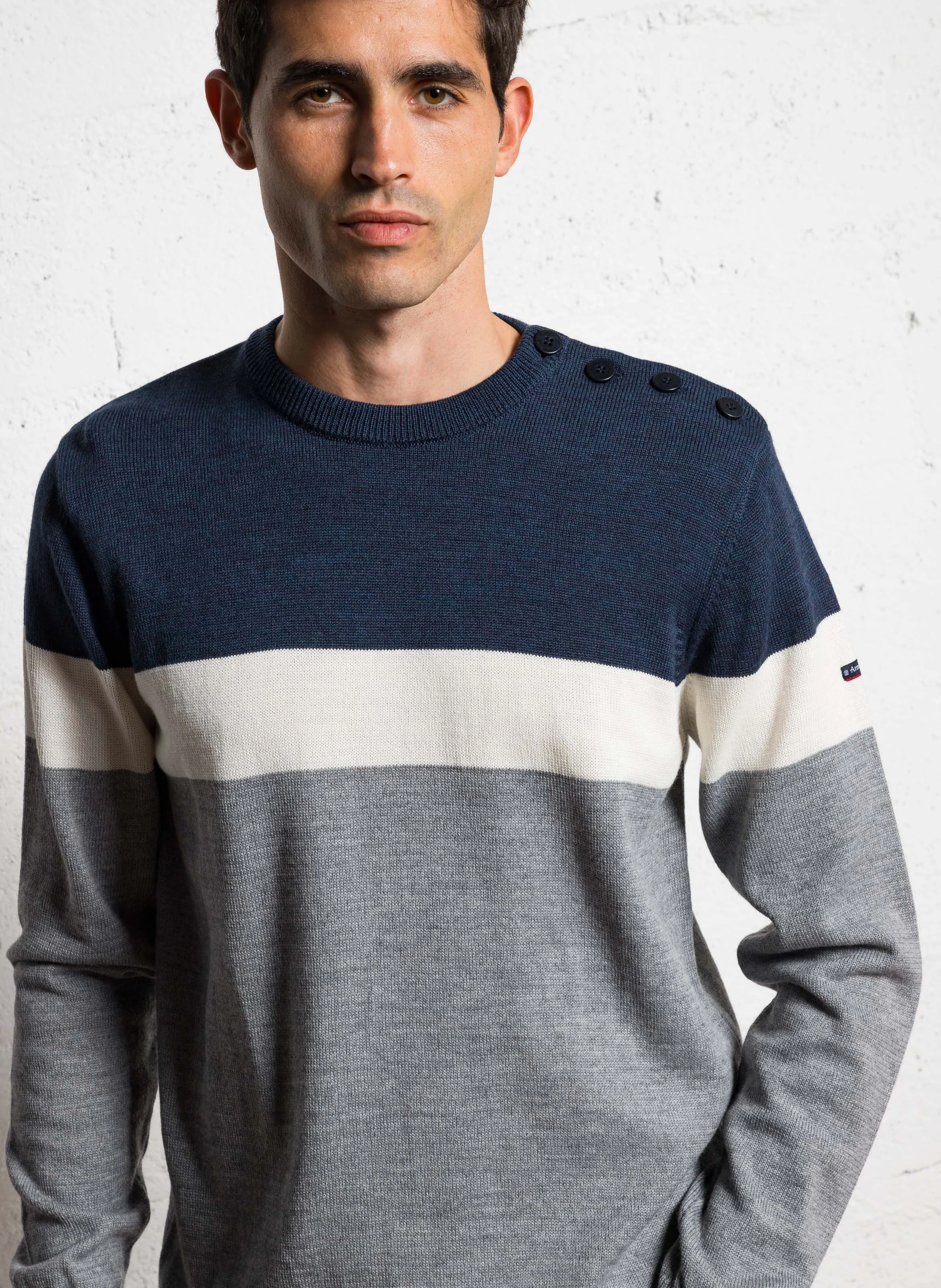 Pull col rond regular boutonné en laine mélangée | Multicolore