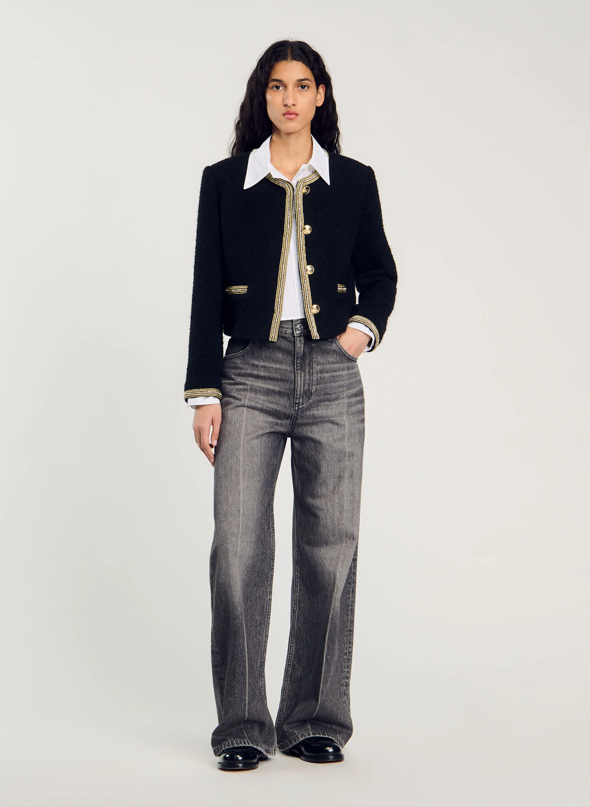 Veste col rond droite en tweed | Noir