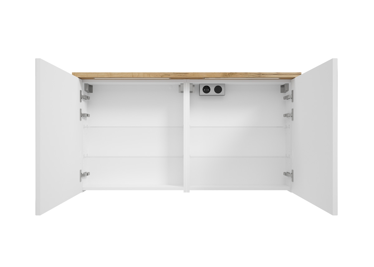 Fontana Rovigo badmeubel 120cm warm eiken met witte wastafel met kraangaten en spiegelkast met verlichting