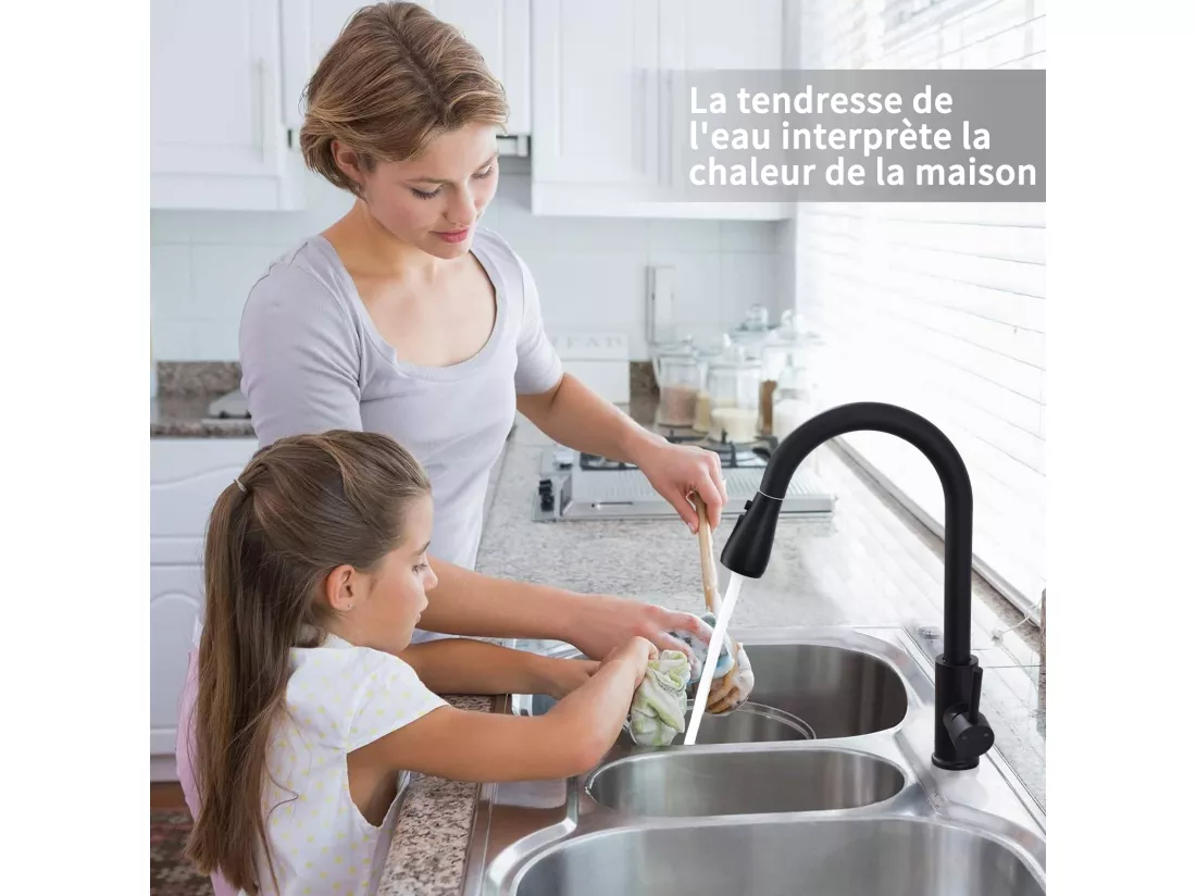 Mitigeur de Cuisine Noir avec Douchette Extractible Rotatif à 360 ° en Acier Inoxydable Robinet Cuisine d'Évier 2 Fonctions Mélangeur de Cuisine