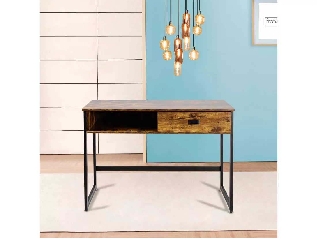 Otari - Bureau de style industriel avec tiroir et étagère de rangements, 110x50xH76 cm