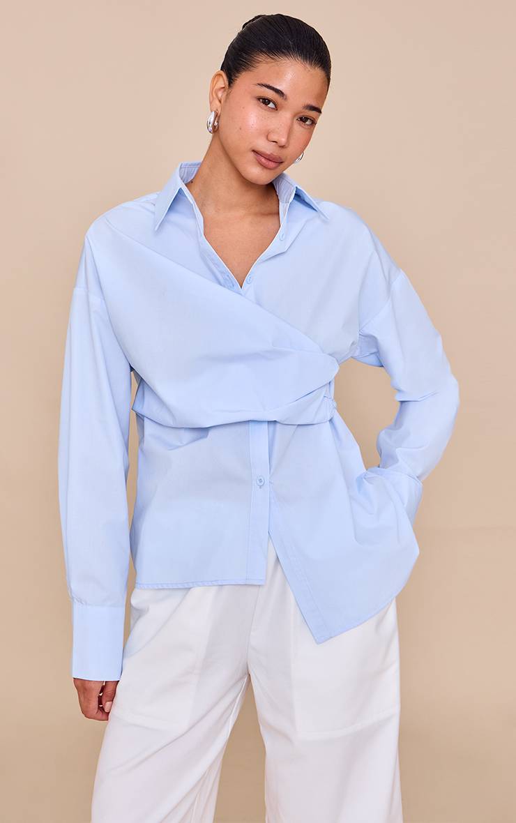 Bleu Clair Chemise Drapée Asymétrique