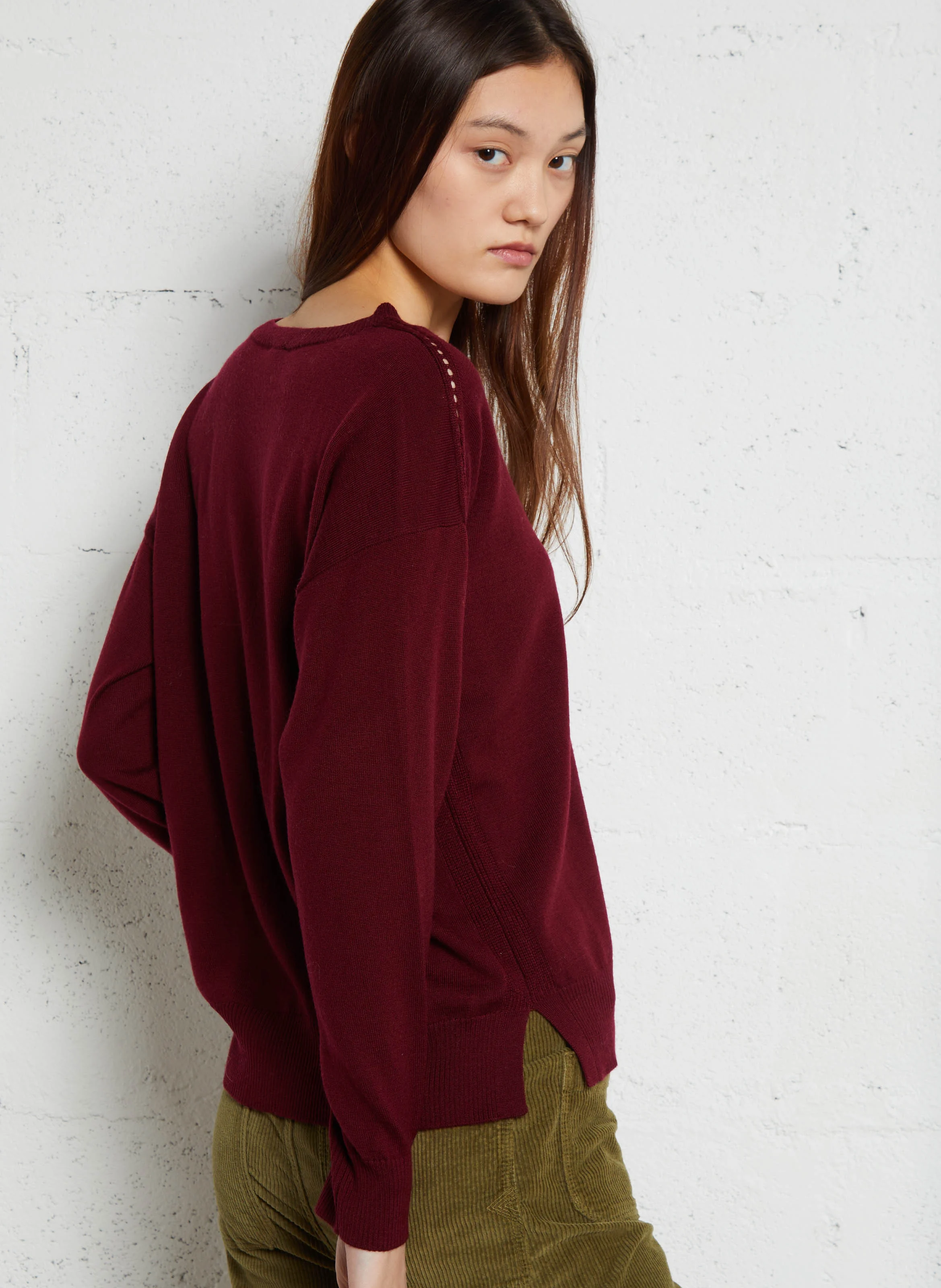 MAKINO - Pull fin col rond ajouré en laine | Rouge