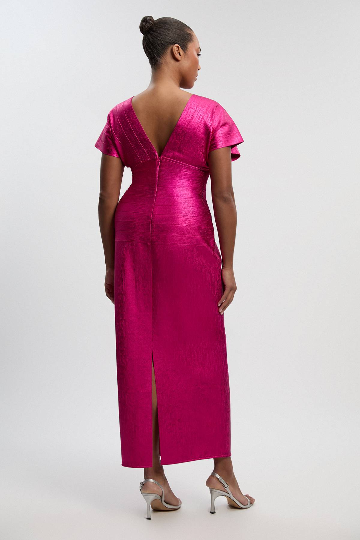 KarenMillen Robe Maxi en Maille à Manches Ange et Effet Métallisé Taille Plus