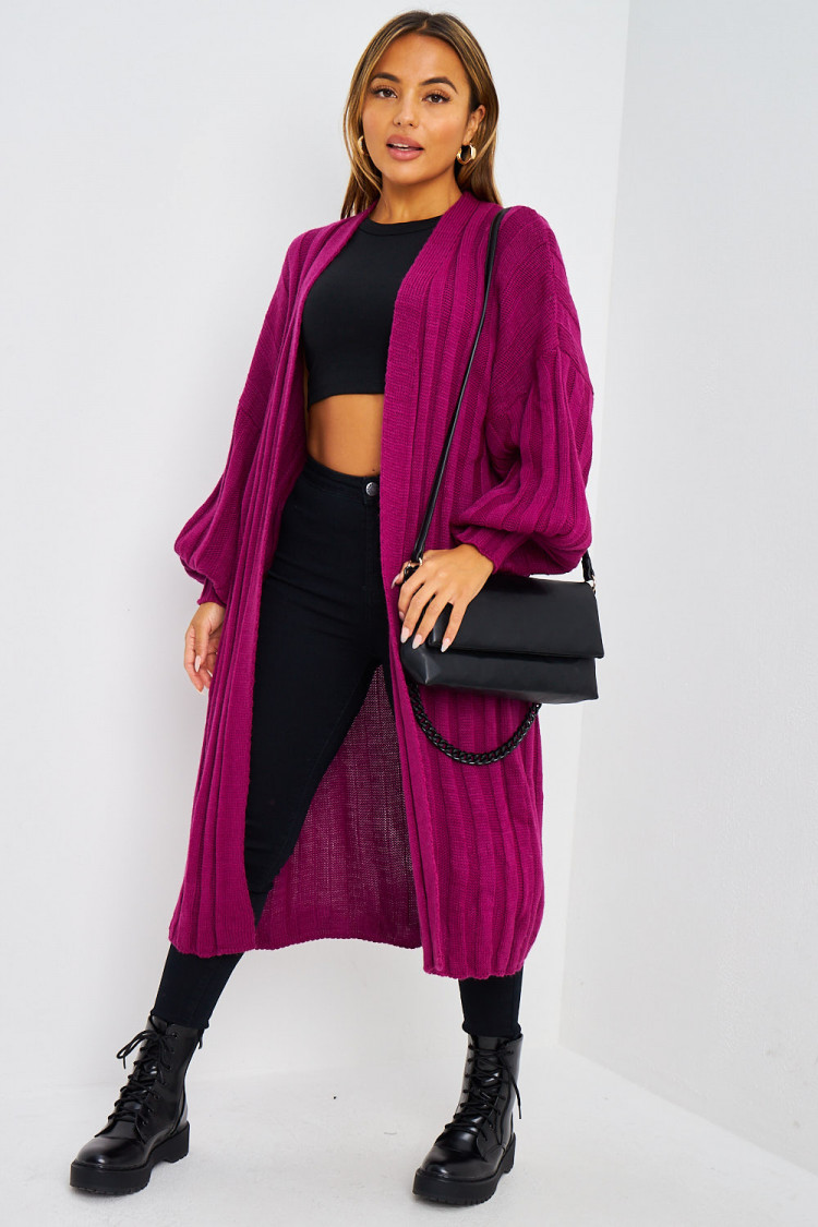Gilet long violet bandes en mailles