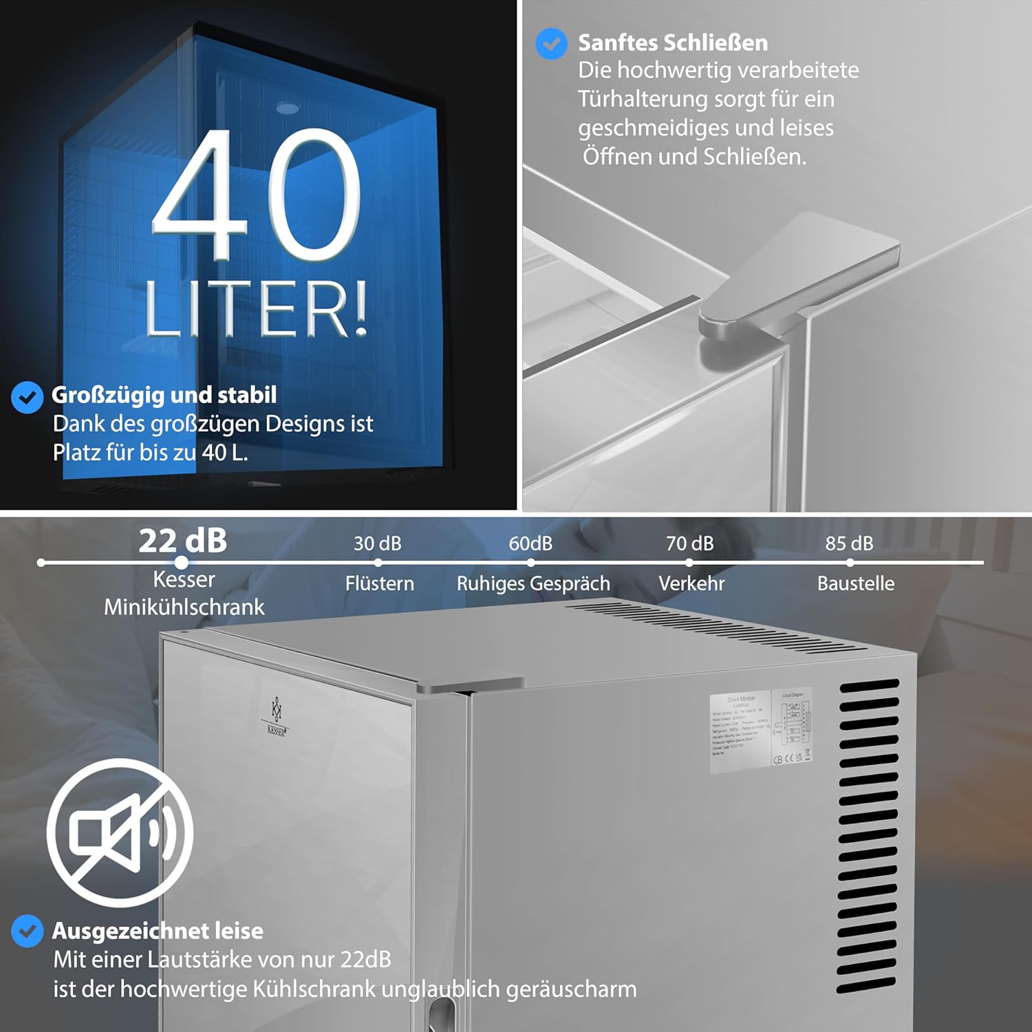 KESSER® Mini réfrigérateur avec Serrure, Mini Bar de 40 l, Silencieux, 22 DB, verrouillable, Chambre à Coucher, butée de Porte Amovible, env. 4 à 16 °C, Hauteur 57 cm, éclairage intérieur