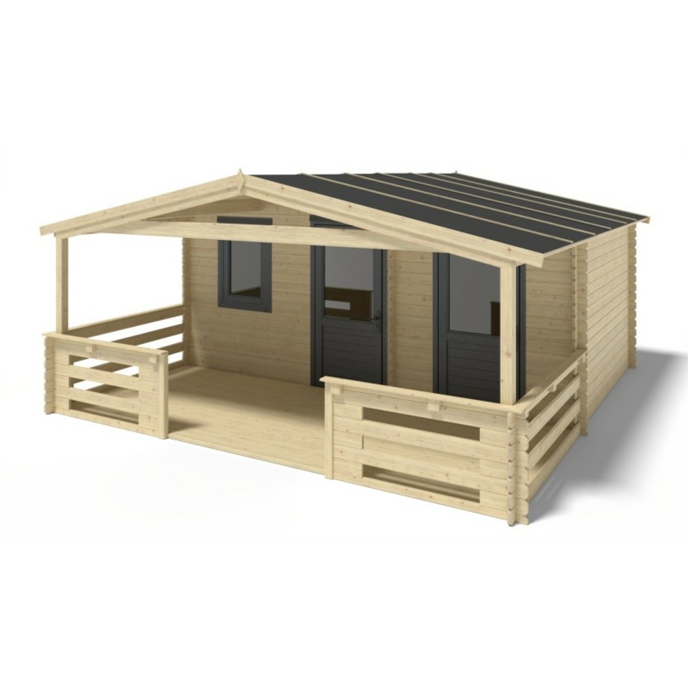 Abri de jardin en bois - 5x3 m - 25 m2 + terrasse avec balustrade et avant-toit en bois