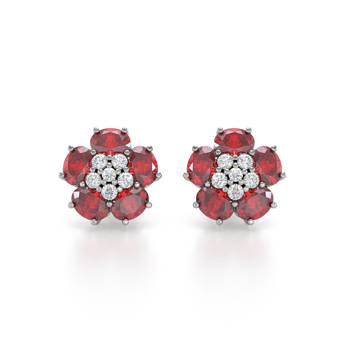 Boucles d'oreilles ADEN Or 585 Blanc et Rubis Fleur 2.86grs