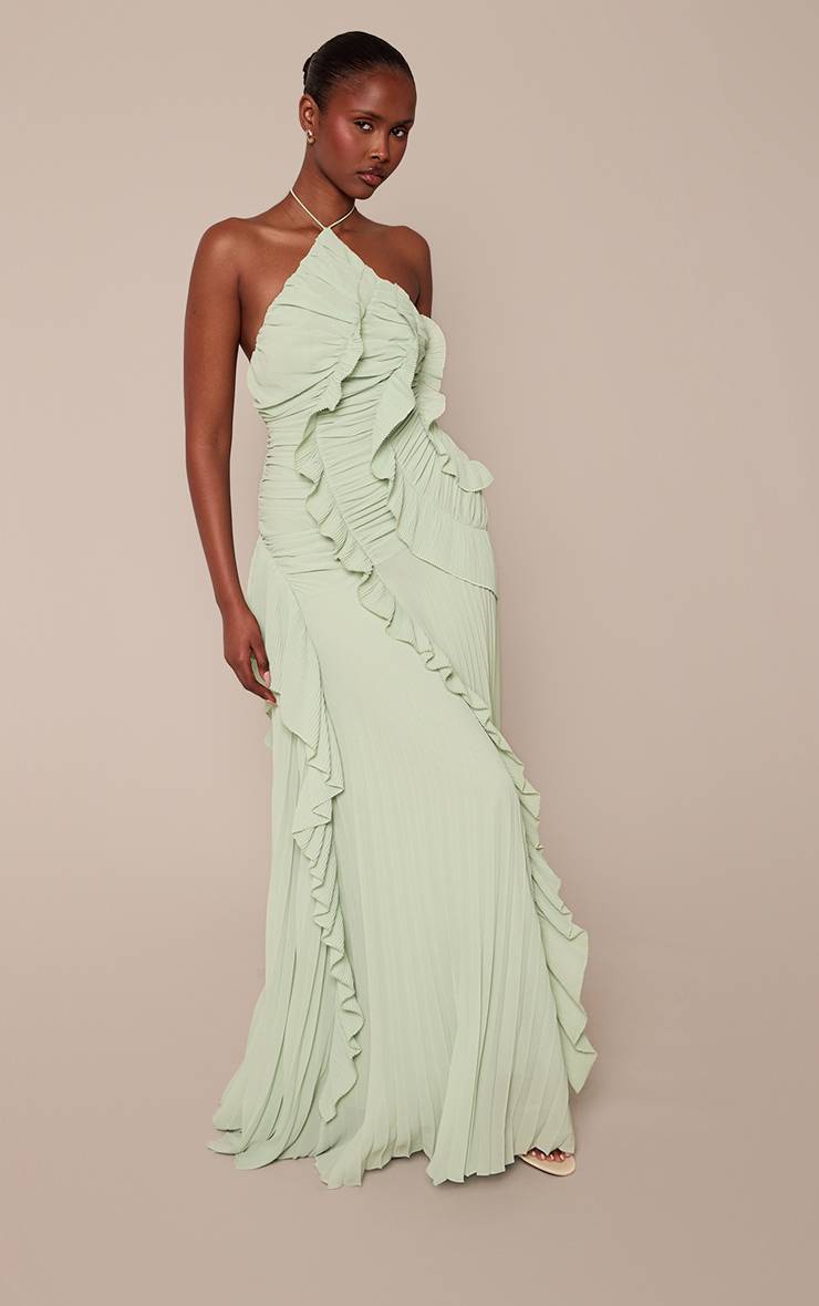 Vert Robe Maxi Plissée À Volants Et Col Licou