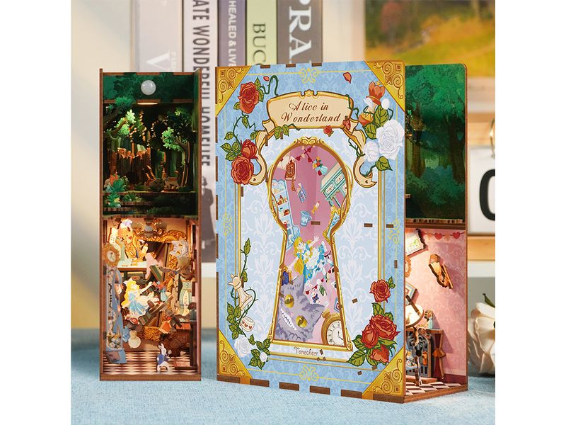 Tonecheer Bausatz Book Nook Alice in Wonderland 3D-Modell aus lasergeschnittenen Holzteilen