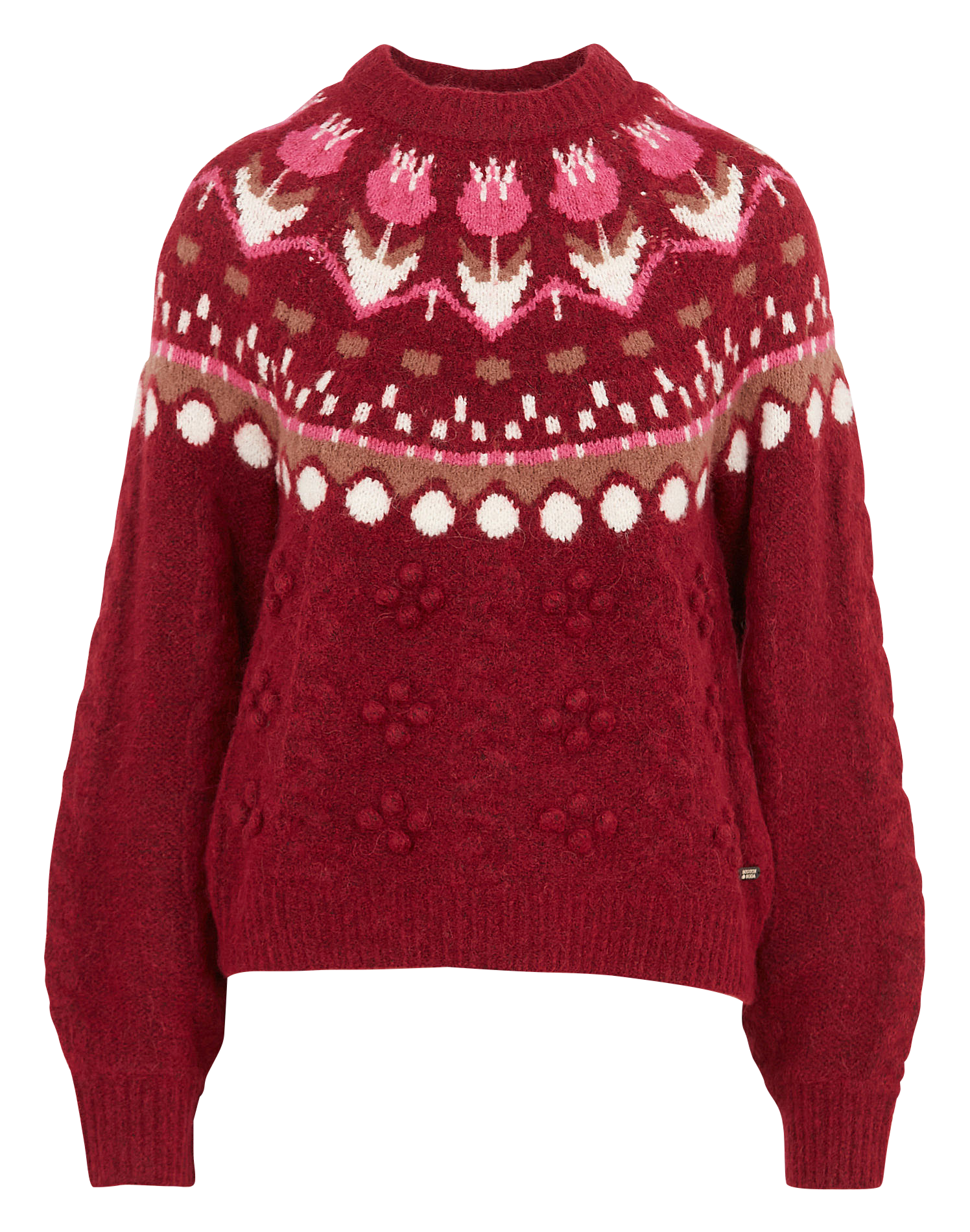 Pull col rond jacquard en maille mélangée| Rouge