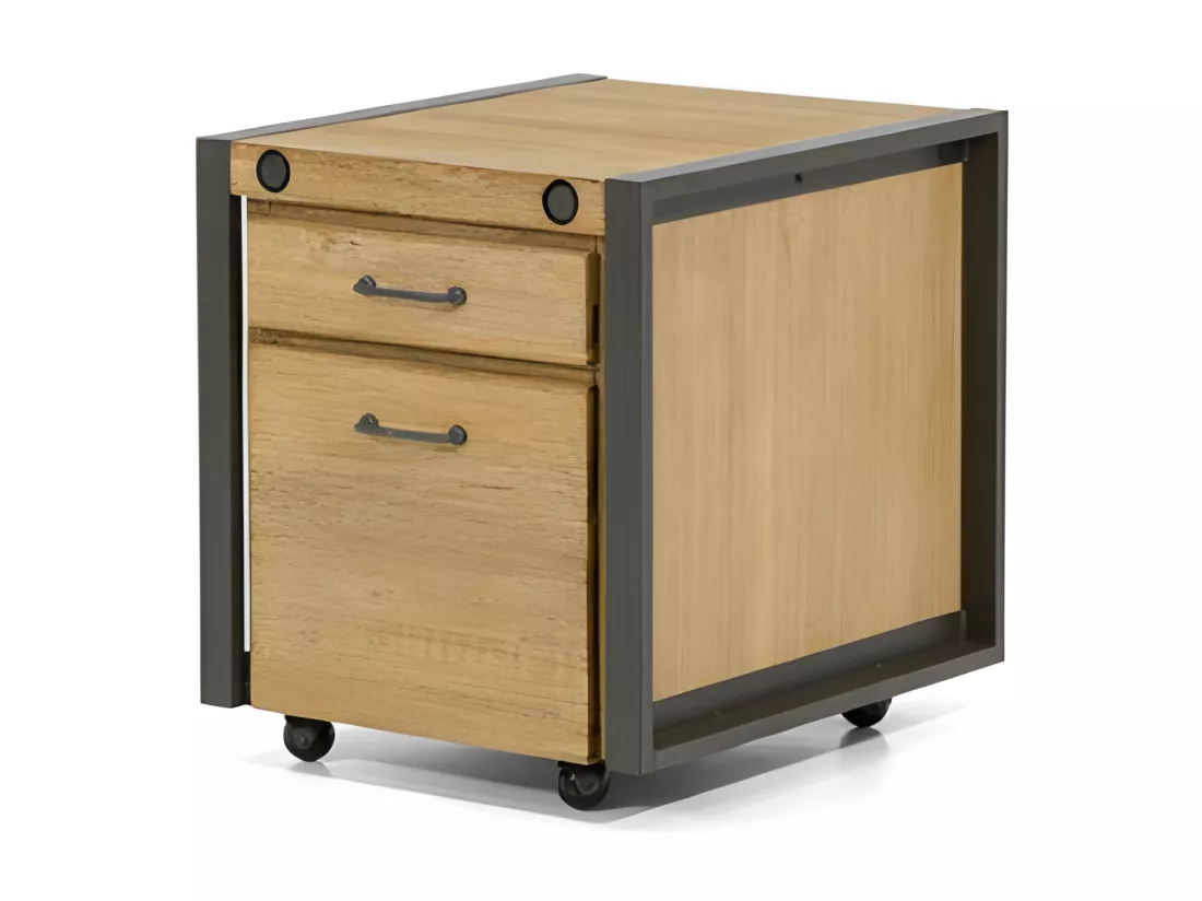 Kiko meuble en bois d'Acacia - 2 tiroirs - Sur roulettes - Style Industriel - H60