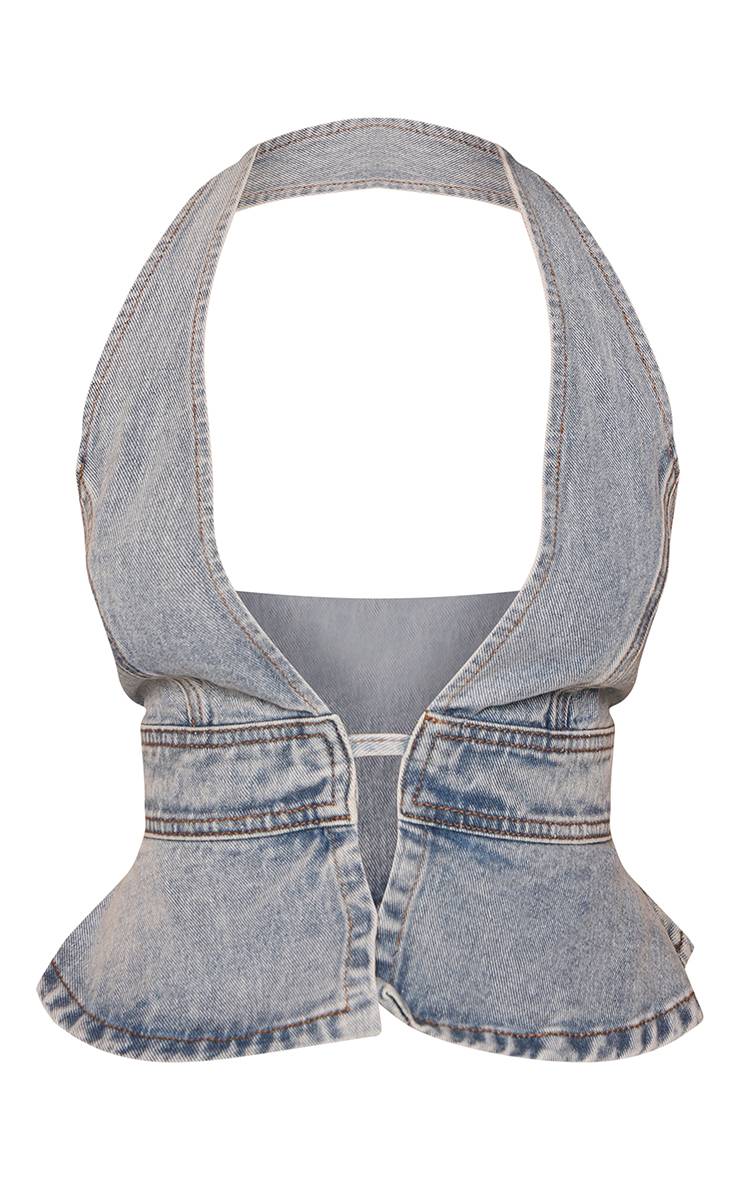 Mid Blue Wash Top En Denim Petite À Basque Col Licou Et Dos Noué