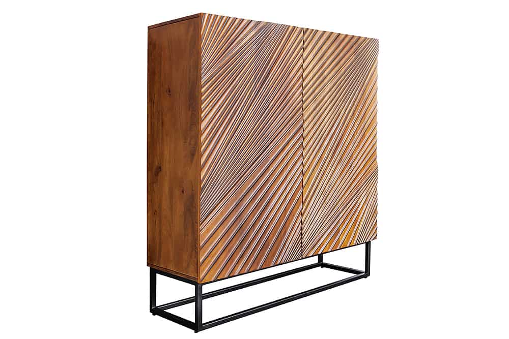 Massives Highboard ART 120cm braun Mangoholz 3D-Design schwarz Metall
