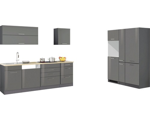 Held Furniture keukenblok zonder apparatuur Milan 390 cm grijs hoogglans gedemonteerd omkeerbaar model 636.1.6211