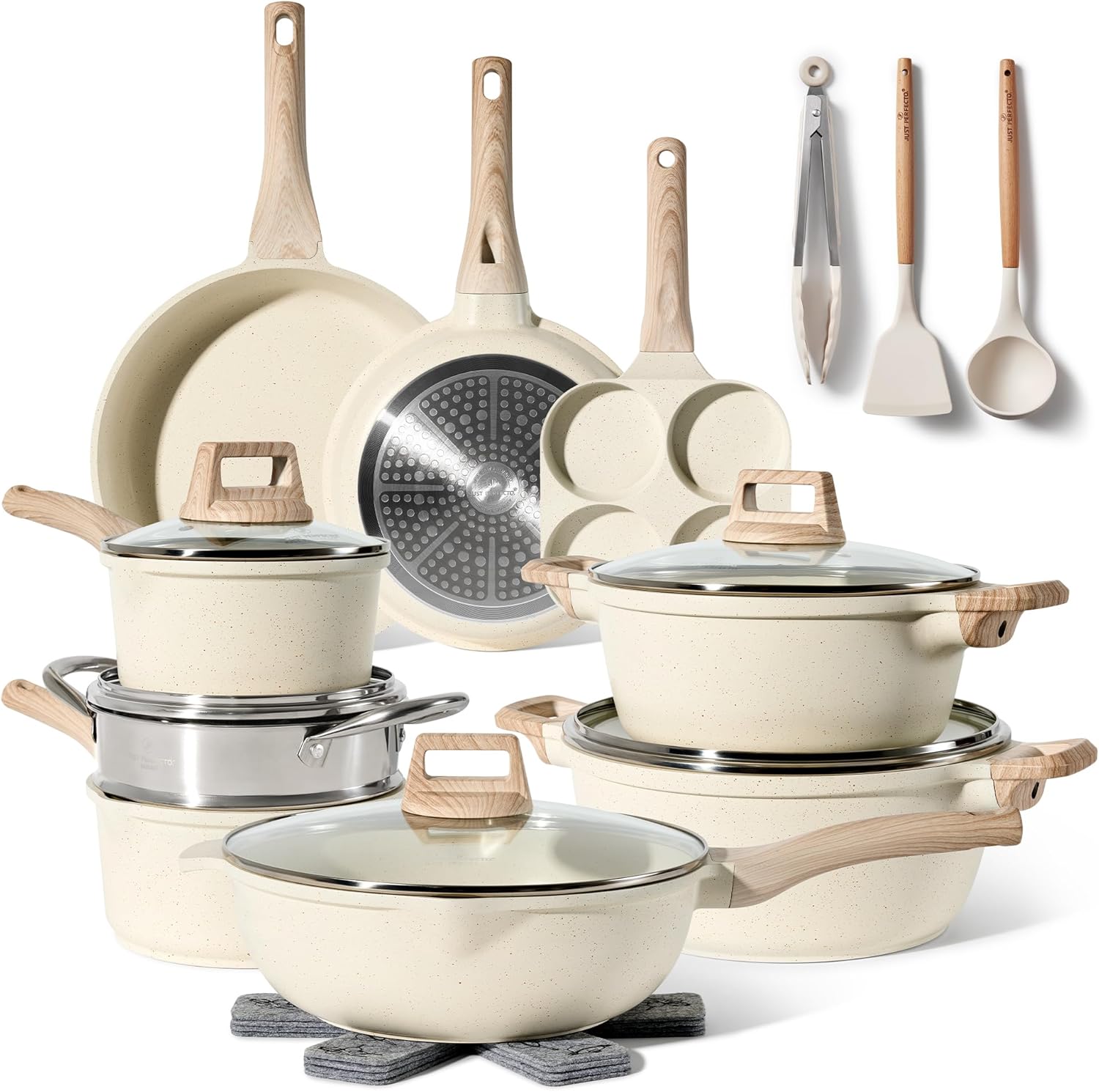 JUST PERFECTO Induktions Töpfe Set - Pfannenset mit deckel - Induktions Töpfe Set - töpfe & pfannen set ohne PTFE und PFOA - Kochgeschirr Topfset induktion (21 pcs Biege)