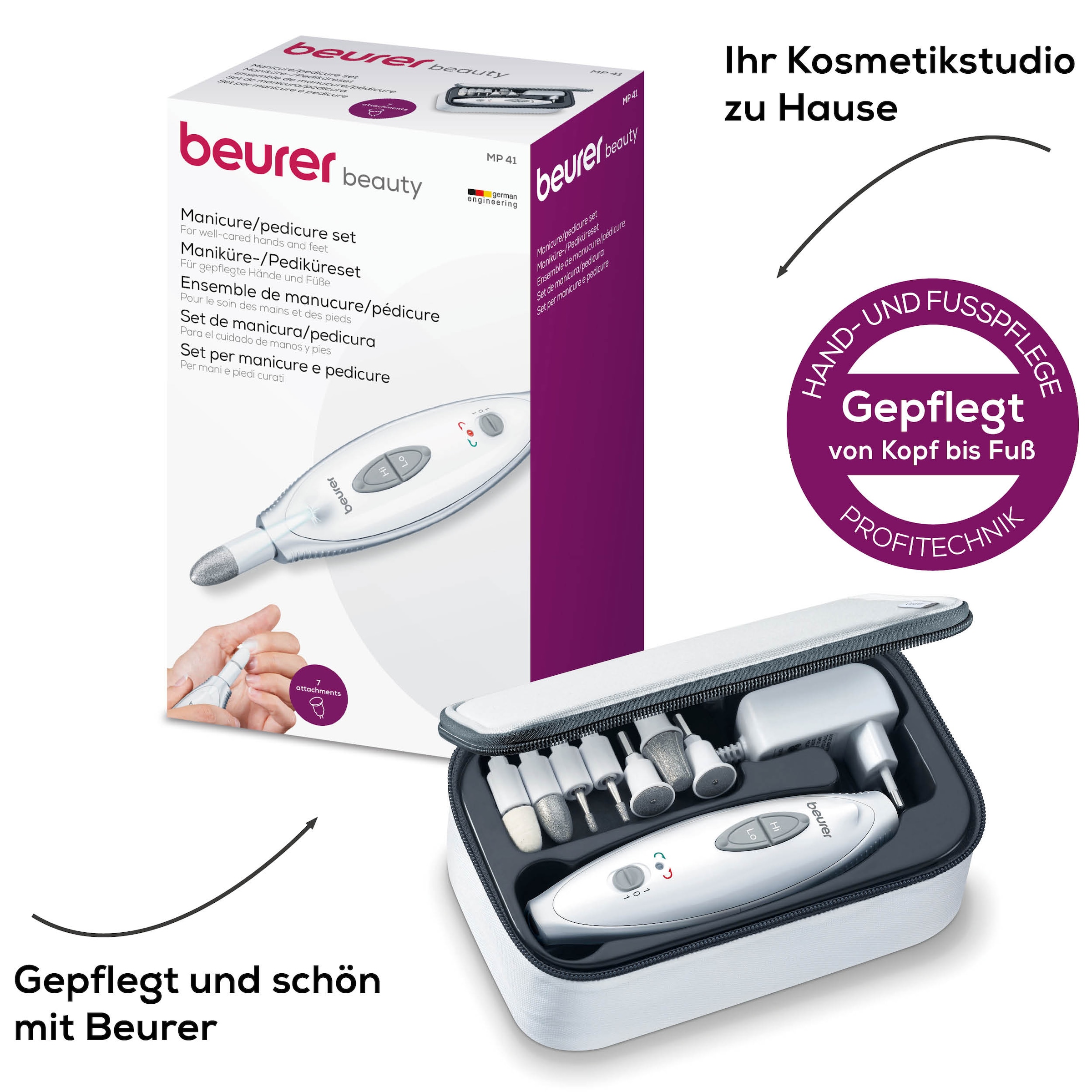 BEURER Maniküre-Pediküre-Set »MP 41 elektrische Nagelfeile, für gepflegte Hände und Füsse zuhause« Inkl. 7 Aufsätze aus Saphir und Filz, mit LED-Licht und Etui