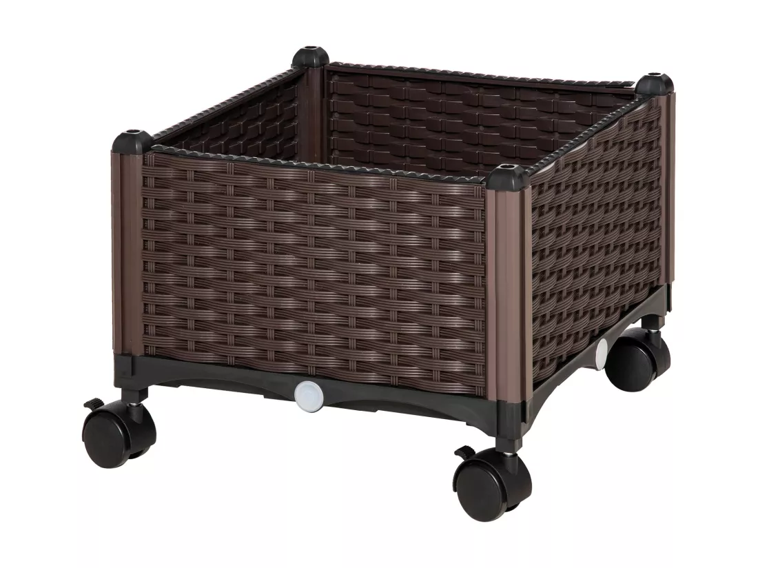 Jardinière sur roulettes dim. 40L x 40l x 31H cm insert d'irrigation plastique imitation rotin tressé chocolat