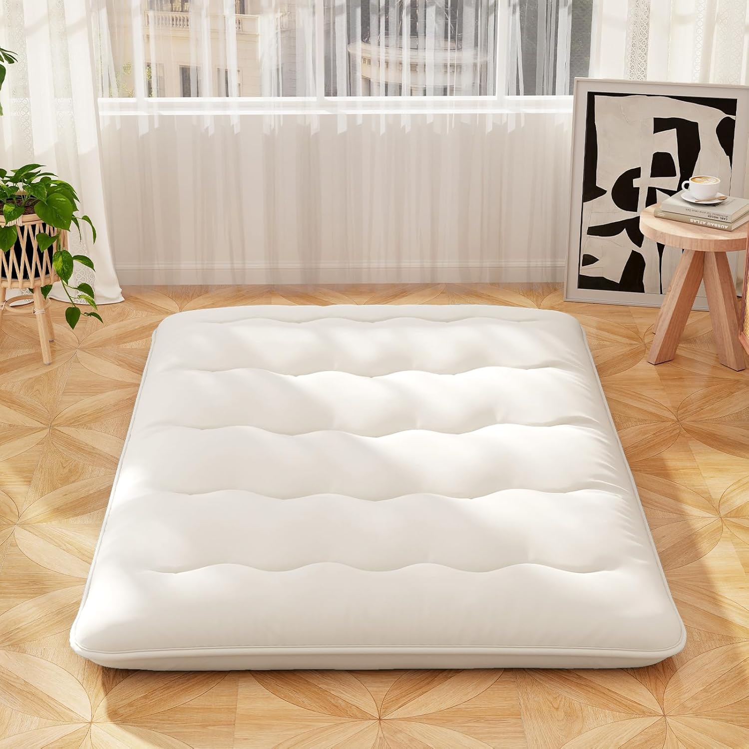 COSTWAY Japanische Futon Matratze, Tatami-Matte, Bodenmatratze, Klappmatratze mit waschbarem Bezug, Faltbare Schlafmatte mit Tragetasche, 140 x 200 cm, Beige