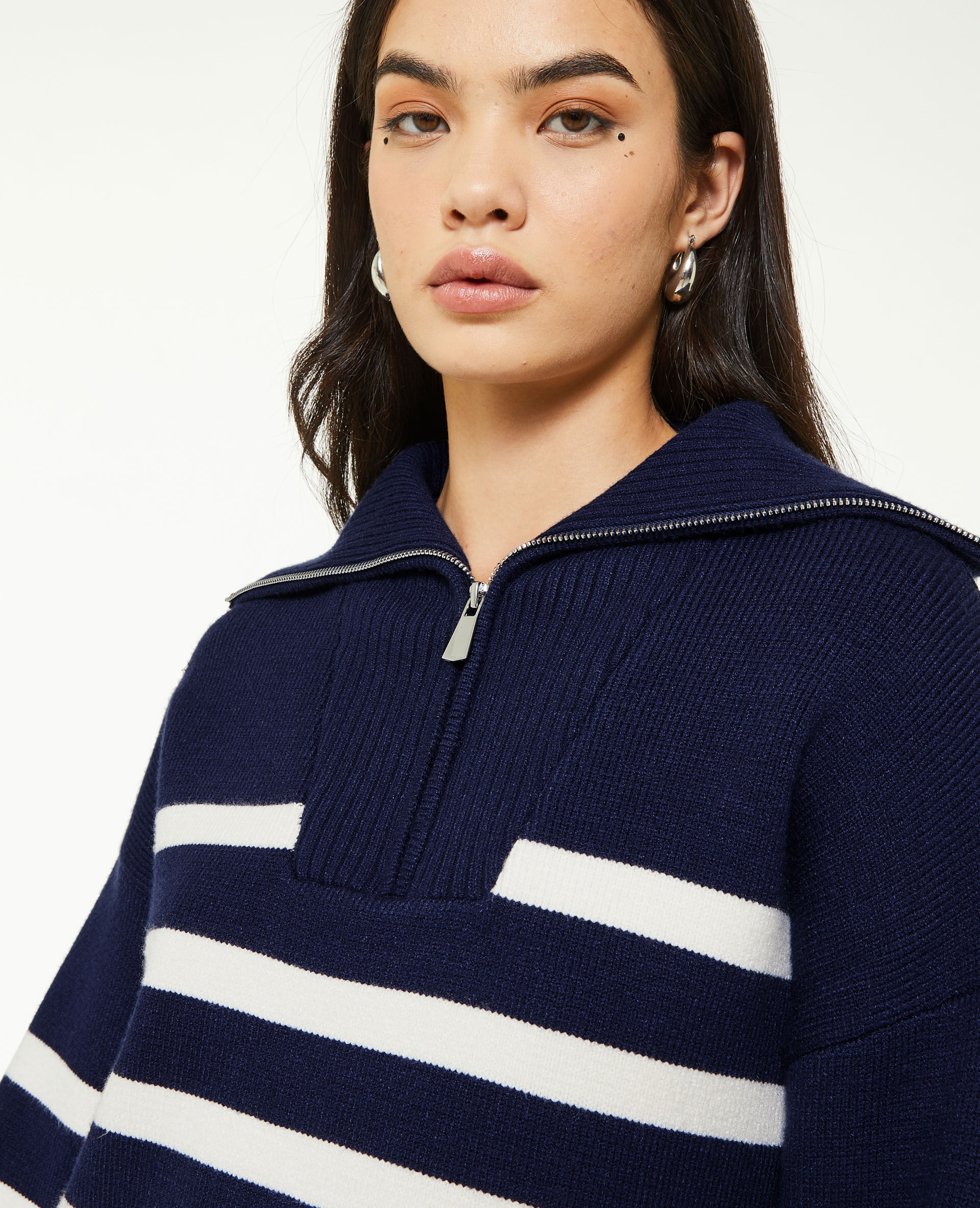 Pull droit col camionneur rayé - Bleu marine