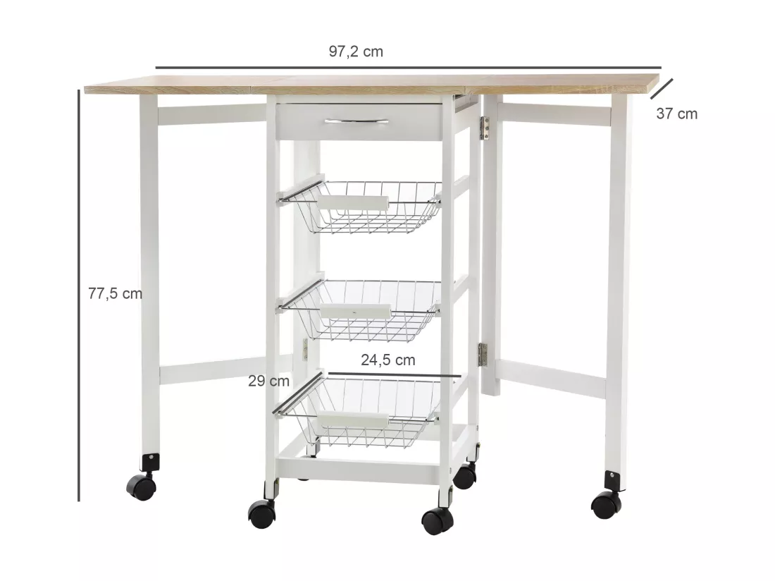 Chariot de service desserte de cuisine à roulettes multi-rangements 3 paniers métal + tiroir + rallonges MDF blanc chêne clair