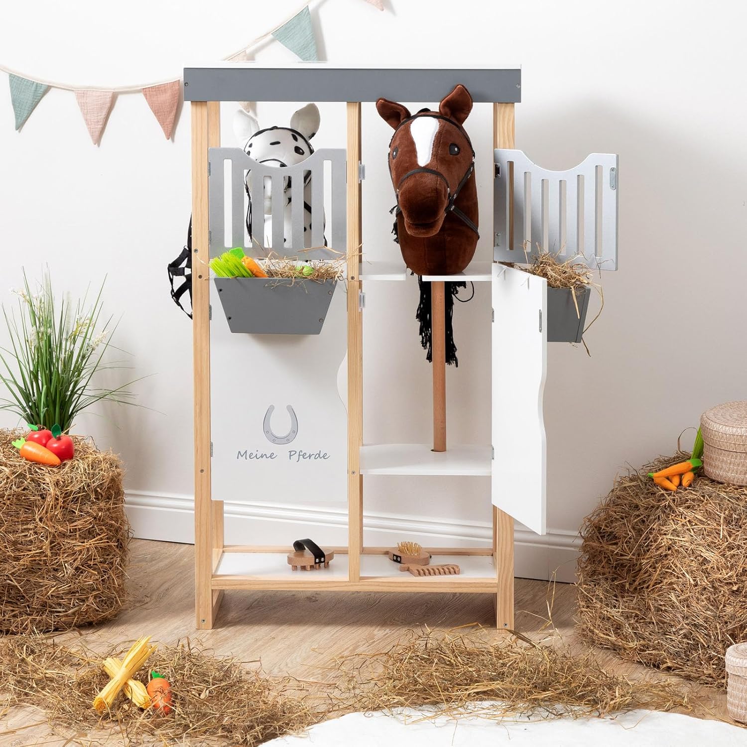 ELLA & PIET® Hobby Horse Stall Shelty aus Holz mit 2-teiliger Stalltür (Holz-Weiß) Pferdestall Holzstall für Pferde