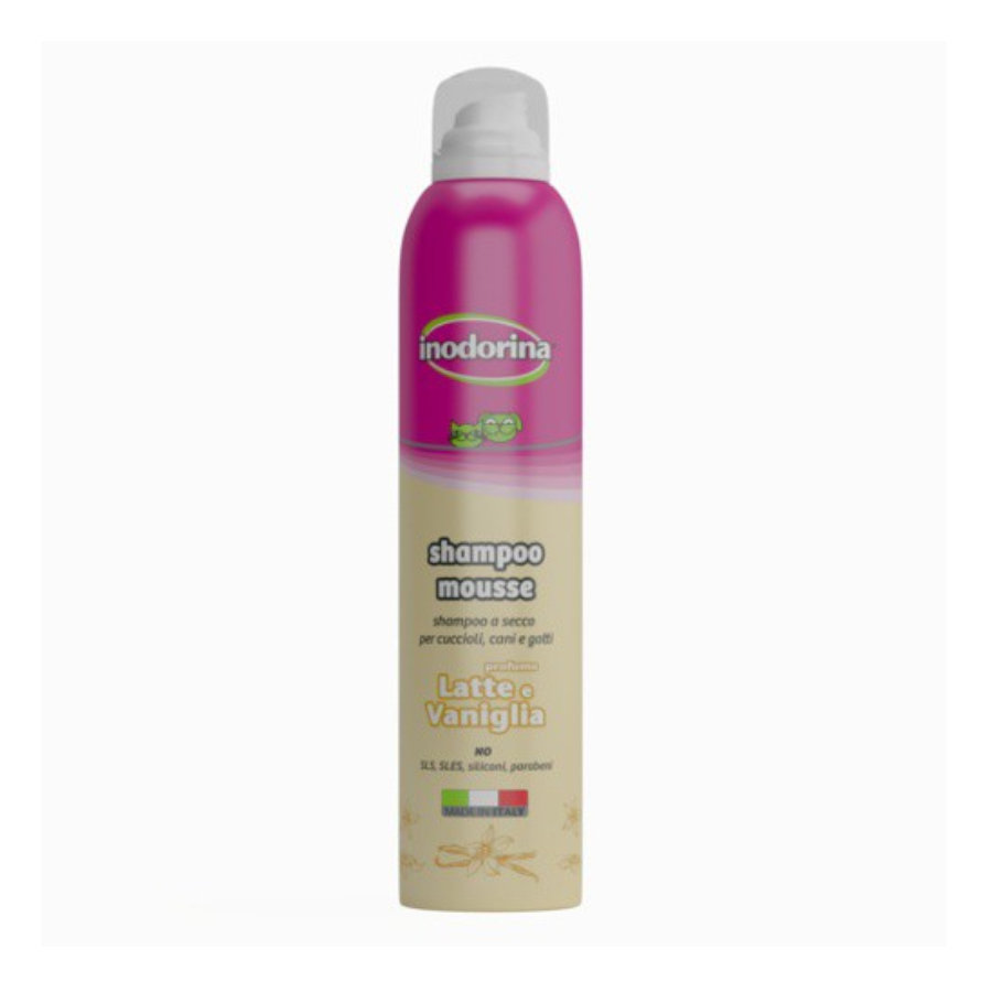 Shampoo a seco Inodorina Leite e Baunilha para cães e gatos.