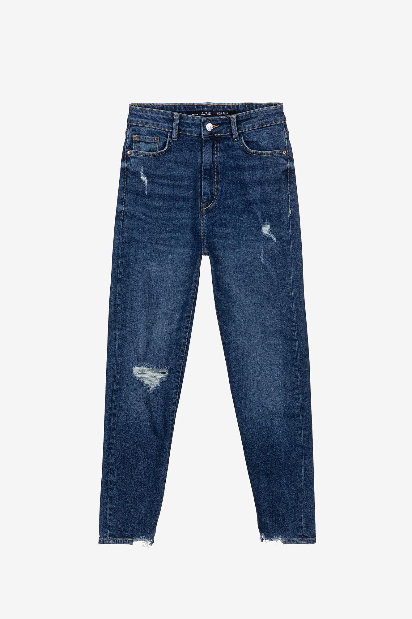 Calça jeans Mom Fit de cintura alta e rasgada