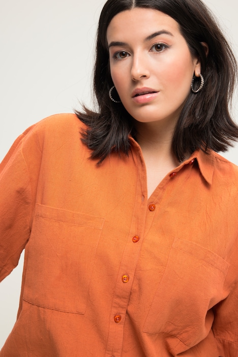 Leinenmix-Bluse, oversized, Hemdkragen, Halbarm