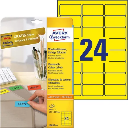 Avery Zweckform L6035-20 Farbige Etiketten,A4 63,5 x 33,9 mm, 20 Bogen/480 Etiketten, gelb