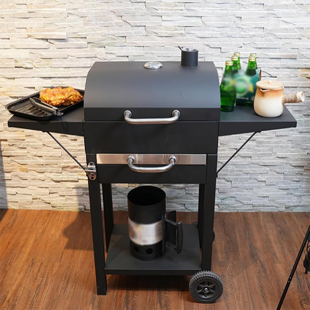 Großer Holzkohlegrill mit Deckelrädern und Thermometer – Edelstahlgriff Smoker BBQ für Camping Garten & Terrasse – Schwarz 112 x 47 x 100 cm