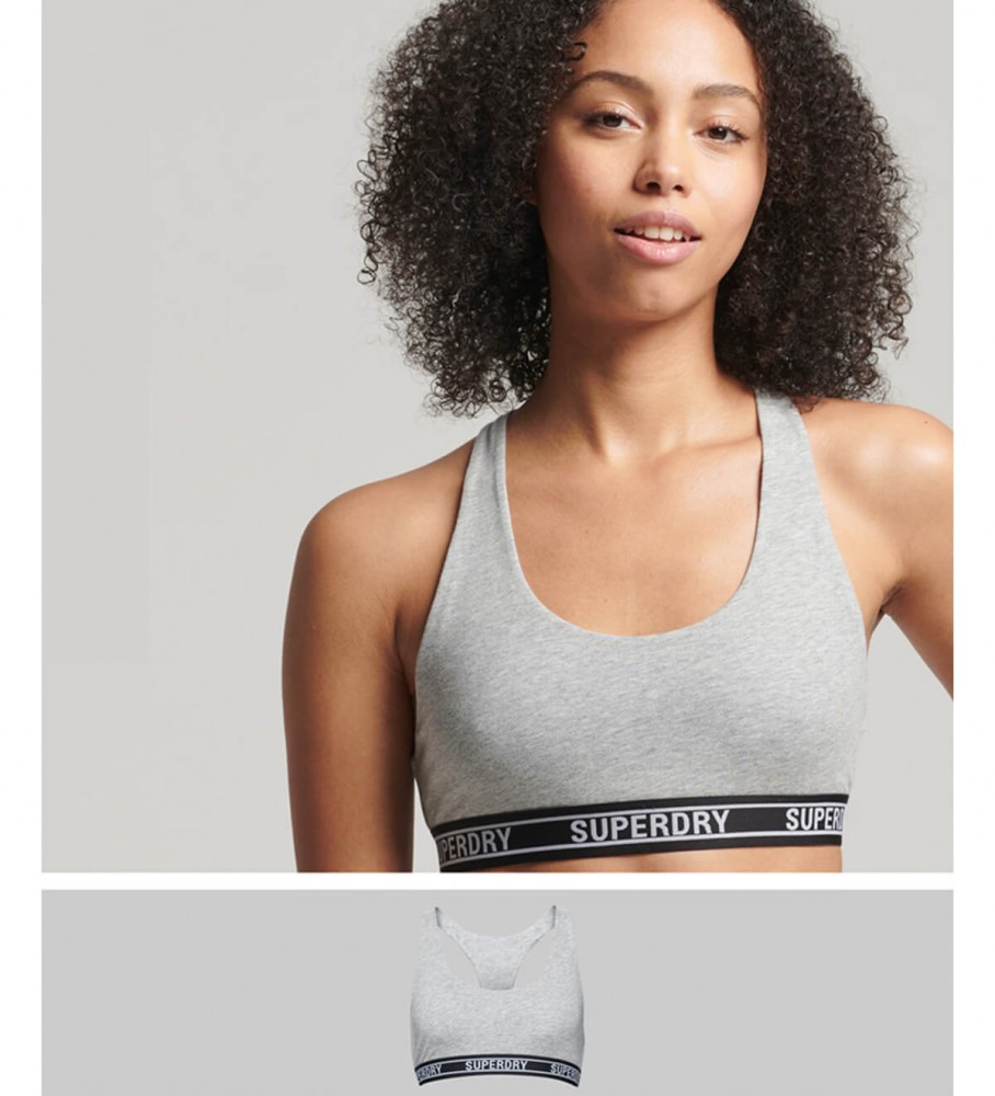 Sutiã curto estilo bralette Superdry em algodão orgânico com vários logotipos - Cinza