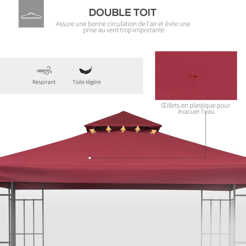 Toile de rechange pour pavillon tonnelle tente 3 x 3 m polyester haute densité 180 g/m² bordeaux